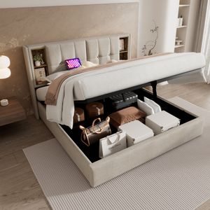 Flieks čalouněná postel 160x200cm s USB & typ C, hydraulická skříňová pružinová postel s roštovým rámem, manželská postel pro mládež Dřevěná postel, povlečení, béžová barva