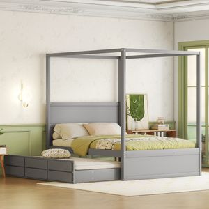 Sweiko 140 x 200cm Himmelbett, Pritsche mit ausziehbarem Einzelbett und drei Ablagefächern, Grau