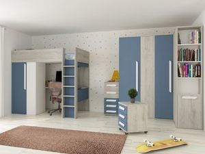 Hochbett mit Schreibtisch & Kleiderschrank - 90 x 200 cm  - Blau & Weiß - NICOLAS