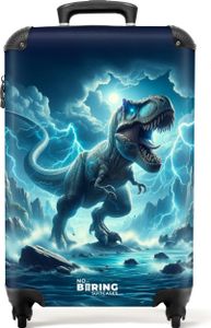 NoBoringSuitcases.com Kinder Handgepäck Koffer 55x35x20 cm, 36L, Coole Drucke für Jungen: Blau - Dino, Reisekoffer mit 4 Rollen