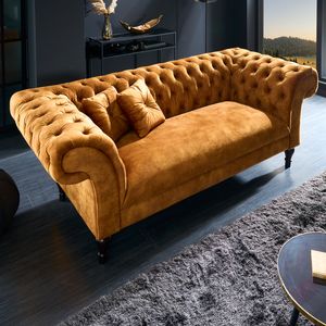 Elegantes Chesterfield 3er Lounge-Sofa PARIS 225cm senfgelb Samt Dreisitzer mit 2 Kissen