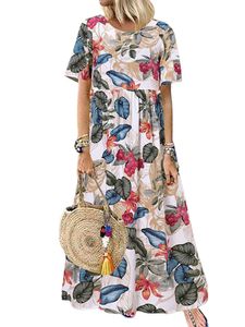 Damen Kurzarm Floral Maxi Kleid Lose Vintage Urlaub Strandkleider,Farbe: Weiß,Größe:M