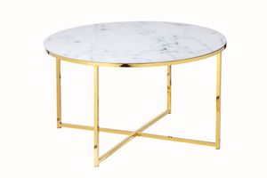SalesFever Konferenční stolek 80 cm | skleněná deska s mramorovou fólií | kovový rám | š 80 x h 80 x v 45 cm | bílo-zlatá barva