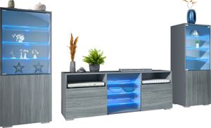 Vladon Wohnwand Granada, Anbauwand bestehend aus 2 Vitrinen und 1 TV-Board, Anthrazit matt/Avola-Anthrazit inkl. LED-Beleuchtung (286 x 122,5 x 35 cm)