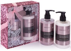 BRUBAKER Beautyset Cherry Blossom Skin + Spa - 2 tlg. Dusch- und Körperpflege Set mit Kirschblüten Duft in Glitzer Geschenkbox Pink