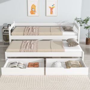 Sweiko Kinderbett, Schiebebett mit 2 Schubladen und Rollen, Einzel- und Doppelbett, Massivholzbett 90x200 cm/90x190 cm, weiß