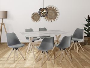 Essgruppe + 6 Stühle - Weiß, Grau & Helle Holzfarben - SERANI