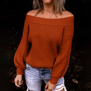Damen Schulterfrei Strickpullover Pullover Damen y Langarm Pullover Tops,Farbe: Ziegelrot,Größe:XL