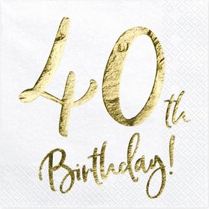 Servietten 40. Geburtstag 33x33cm 20 Stück, weiß / gold