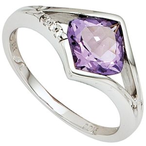 JOBO Damen Ring 585 Gold Weißgold 3 Diamanten Brillanten 1 Amethyst violett Goldring Größe 52