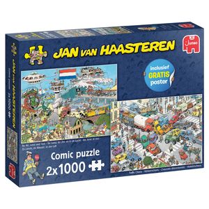 Jumbo Spiele 20073 Jan van Haasteren Verkehrschaos + Zu Lande, im Wasser, In der Luft 2x1000 Teile Puzzle