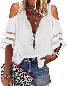 ASKSA Damen Schulterfrei Bluse 1/2 Glockenärmel mit Netzstoff V-Ausschnitt Reißverschluss Locker Shirts, Weiß, M