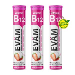 EVÄM Witamina B12 tabletki musujące smak truskawkowy 3x 20 sztuk Witamina C suplement diety w wysokiej dawce wspomagający układ odpornościowy