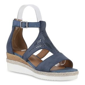 VAN HILL Damen Keilsandaletten Sandaletten Bast Cut-Outs Sommer Schuhe 841151, Farbe: Blau, Größe: 40