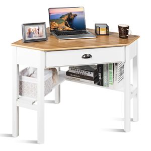 COSTWAY Rohový psací stůl se zásuvkou a policí, rohový počítačový stůl ve tvaru L, prostorově úsporný stůl, kancelářský pracovní stůl pro domácí kancelář, 75 x 75 x 76 cm (Bílá + Příroda)