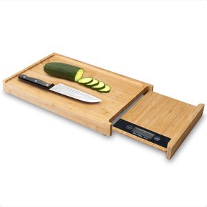 Goliving Holzschneidebrett - Schneidebrett - Mit Küchenwaage bis zu 5 kg - 40x25cm - Ausziehbar bis zu 56 cm - Bambus