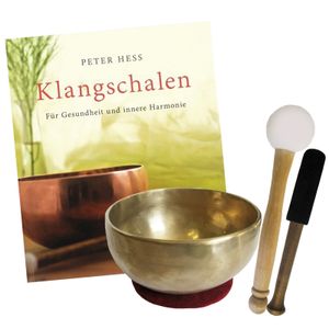 Therapie Klangschale ca. 500-600g + Buch von Peter Hess 5-tlg Klangmassage Set. Universalschale Handarbeit Nepal. 2x Klöppel + Zubehör.