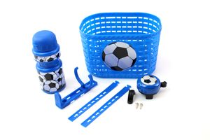 Sada košíku na kolo láhev na vodu a zvonek pro děti modrá s fotbalovým míčem pro běžecké kolo, tříkolku, kolo, koloběžku