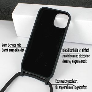 Handyhülle Schwarz mit Handykette Band für IPhone 15 Silikon Schutzhülle Case Umhängen