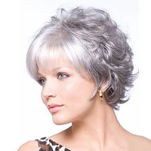 Frauen Mode Großmutter grau kurze lockige Perücke flauschige matte synthetische Haarteil