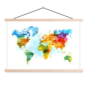 MuchoWow® Textilposter Weltkarte - Aquarell - Regenbogen - Kinder - Jungen - Mädchen 60x40 cm mit holzfarbenen Rahmen - Bilder