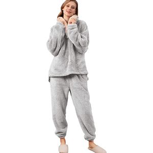 Damen Schlafanzug 2er Set Pyjamas Lange Oberteile Hose Fleece Casual Set Bequemer Warmer Koralle Fleece Pyjamas Fleece Winter Pyjamas,M,Beige C