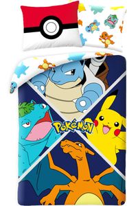 Halantex Bettwäsche Pokemon Évolution für Kinder, wendbar, Bettbezug 140 x 200 cm + Kissenbezug, Motiv: Pikachu, Turtok (Carapuce), Glurak (Glumanda) und Florisaur (Bulbizarre), POK611