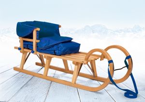 Rodelberg® Hörner-Schlitten Holz 115 cm, Zuggurt, Lehne, Fußsack Blau