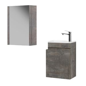 GOOM 3tlg Badmöbel Set LUGIS 40 cm Waschbecken mit Unterschrank und Spiegelschrank Gäste-WC Möbel Stone Ash
