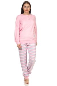 Damen Frottee Schlafanzug Pyjama mit Bündchen - Hose gestreift - auch in Übergrössen, Farbe:rosa, Größe:40-42