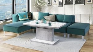 Design Couchtisch Tisch Aston Weiß Hochglanz / Beton Betonoptik stufenlos höhenverstellbar ausziehbar 120 bis 200cm Esstisch