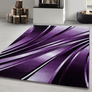 Modern Wohnzimmer Teppich Abstrakt Wellen Design Lila-Schwarz-Weiß Pflegeleicht, Maße:160 x 230 cm