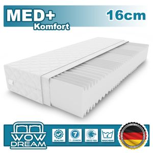 Matratze MED+ Komfort 7 Zonen 90x200x16cm aus hochwertigem Kaltschaum | Rollmatratze mit waschbarem Bezug und Memory Marken I H3