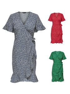 Only Damen Wickel-Kleid OnlOlivia Volant Sommerkleid Tunika Boho Print-Muster, Farbe:Rot, Größe:38