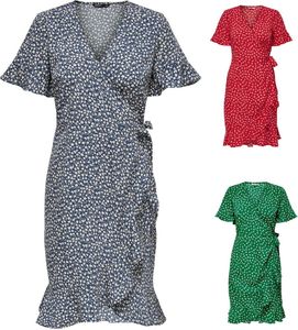 Only Damen Wickel-Kleid OnlOlivia Volant Sommerkleid Tunika Boho Print-Muster, Farbe:Rot, Größe:38