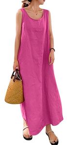 ASKSA Damen Ärmellose Sommerkleid Baumwolle Leinen Kleid Lang Freizeitkleid Locker Strandkleid mit Taschen, Rosa, L