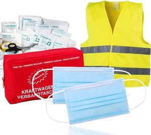 2 in 1 Auto Verbandskasten & Warnweste - Neue Norm 2022 für   DIN 13164 - STVO & 2x Maske Erste Hilfe KFZ Verbandstasche Kit First Aid