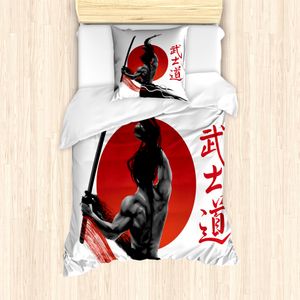 ABAKUHAUS japanisch Bettbezug Set für Einzelbetten, Samurai in der Praxis verzieren, Milbensicher Allergiker geeignet mit Kissenbezug, Rot Schwarz Weiß