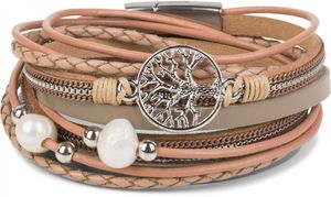 styleBREAKER Wickelarmband mit Perlen, Ketten, Flecht Element und Lebensbaum Anhänger, Magnetverschluss, Armband, Damen 05040070, Farbe:Beige-Altrose