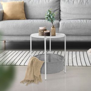 ML-Design Beistelltisch mit abnehmbarer Tablett, Ø 46x51 cm, Weiß, aus Metall, Couchtisch inkl. Korb als Stauraum, Sofatisch Tisch Tabletttisch Wohnzimmertisch Nachttisch