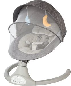 Bebies First elektrische Babywippe Babyschaukel Relax mit Bluetooth-Funktion, Moskitonetz und Spielbogen - Grau