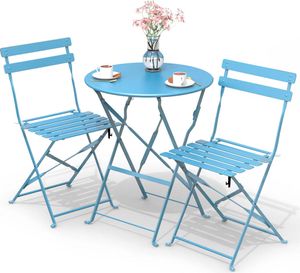 VOUNOT® Bistroset 3-teilig, Klappbar Bistrotisch mit 2 Stühlen, Gartenmöbel Set Balkonset Gartengarnitur, Sitzgruppe Metall, Bistro Set Outdoor, Blau