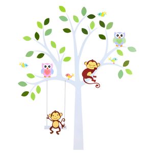 TALINU Wandsticker für Baby- oder Kinder-Zimmer; Motiv: Baum mit Blättern und Tieren – haftet an allen glatten und sauberen Oberflächen– Wand-Aufkleber, Wand-Tattoo, Wanddekoration