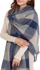 ALSTER HERZ® Karierter Damen Schal mit Fransen, im Oversize Look, A0320 Blau-Grau