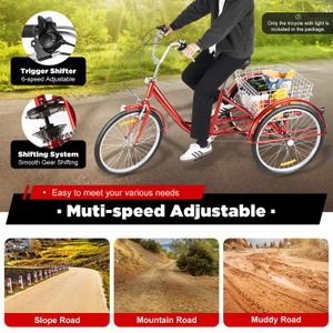 24 Zoll 6 Gängen Dreirad für Erwachsene 3 Rad Fahrrad mit Licht und Einkaufskorb höhenverstellbar Erwachsenendreirad Adult Tricycle