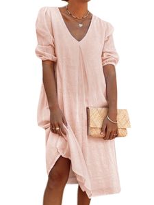 Damen Kurzarm Baumwolle Leinen Midikleid Casual Vintage V-Ausschnitt Kleider,Farbe: Rosa,Größe:XL