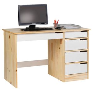 Schreibtisch HUGO aus massiver Kiefer in natur/weiß, schöner Schülerschreibtisch mit 5 Schubladen, praktischer Bürotisch mit Querstrebe für Stabilität