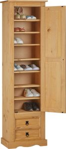 Schuhschrank TEQUILA aus massiver Kiefer, schönes Schuhregal mit 2 Schubladen in gebeizt/gewachst, praktische Schuhablage mit 8 Fächer, zeitloser Kleiderschrank mit schwarzen Zierbeschläge