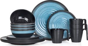 Melamin Camping Geschirr Set 4 Personen Stone Blue + 4 Tassen Stone Kaffetassen Becher Tafelgeschirr Picknick BBQ Kochgeschirr