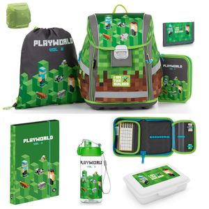 Playworld Gaming Pixel Schulranzen Set 8-teilig mit Federmappe & Regenschutz